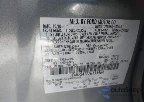 2007 Ford Five Hundred Sel from USA, damaged, VIN 1FAHP24177G135464